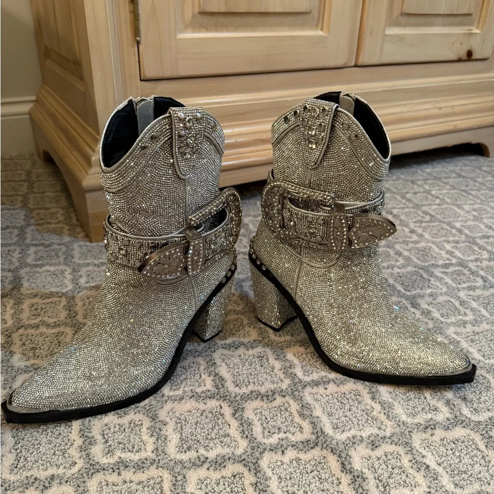 Dolls Kill Silver Rhinestone Ankle Boots - Picture 5 of 8